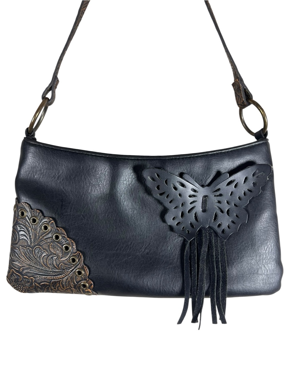 VTG Y2K Chateau Black Brown Butterfly Shoulder Bag Western Boho Fringe Purse